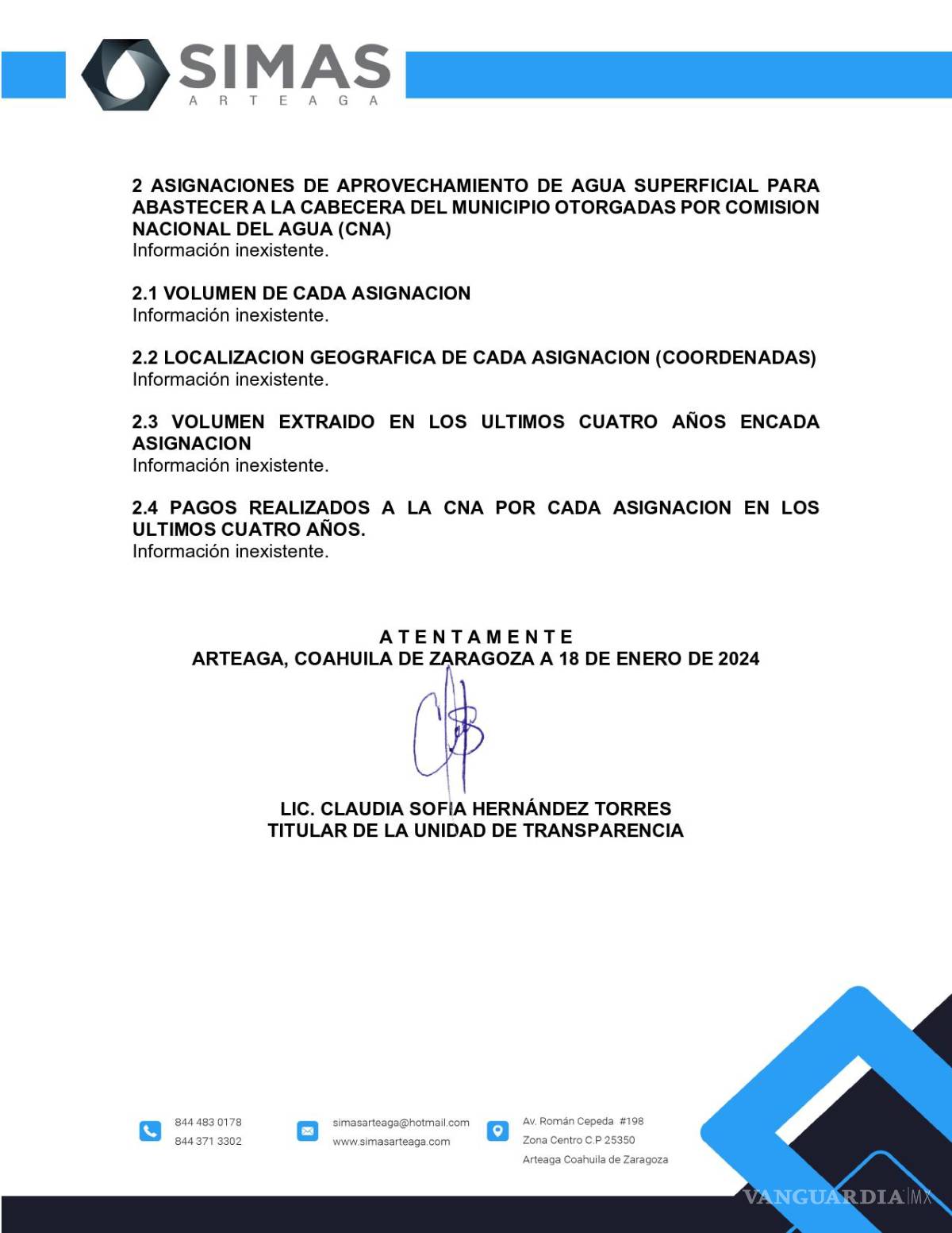 $!El aprovechamiento del agua superficial se declaró como información inexistente.