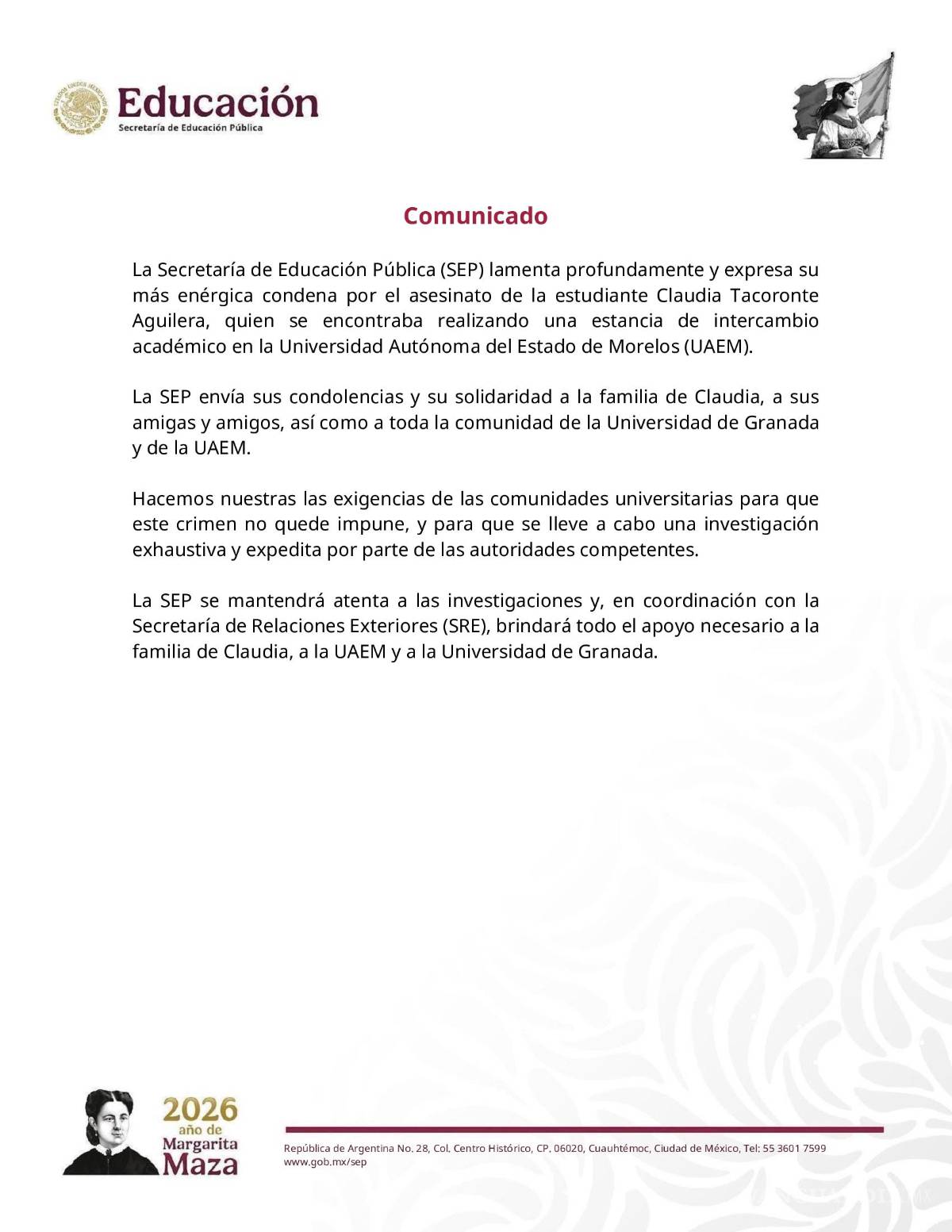$!SEP condena asesinato de Claudia Tacoronte, estudiante española de intercambio en Morelos