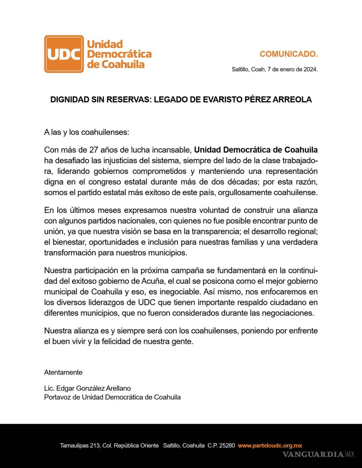 $!El comunicado de prensa que difundió esta tarde la UDC.