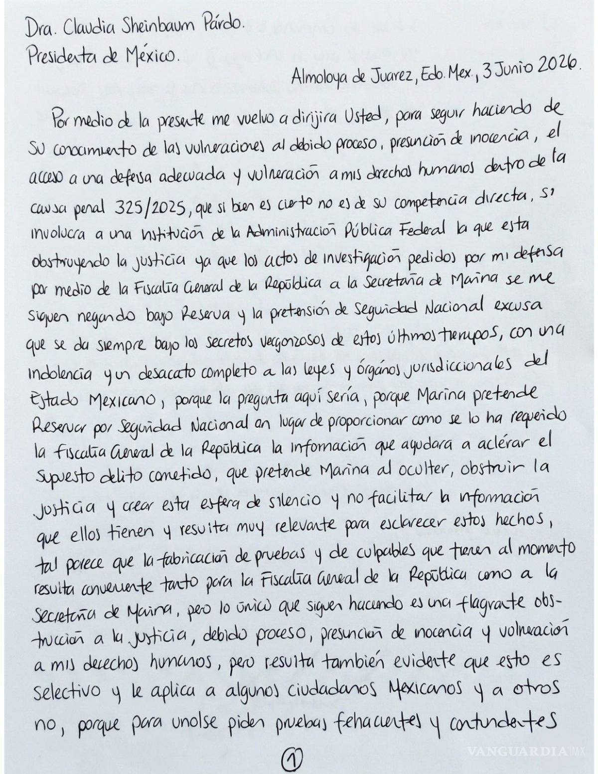 $!Desde El Altiplano, Manuel Farías envía sexta carta a Sheinbaum y acusa a Semar de obstruir su defensa