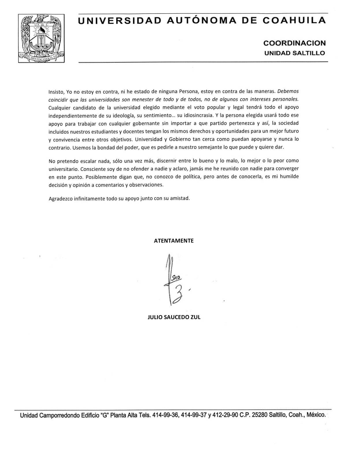 $!La UAdeC confirmó que es verídica la carta que circuló en redes sociales.