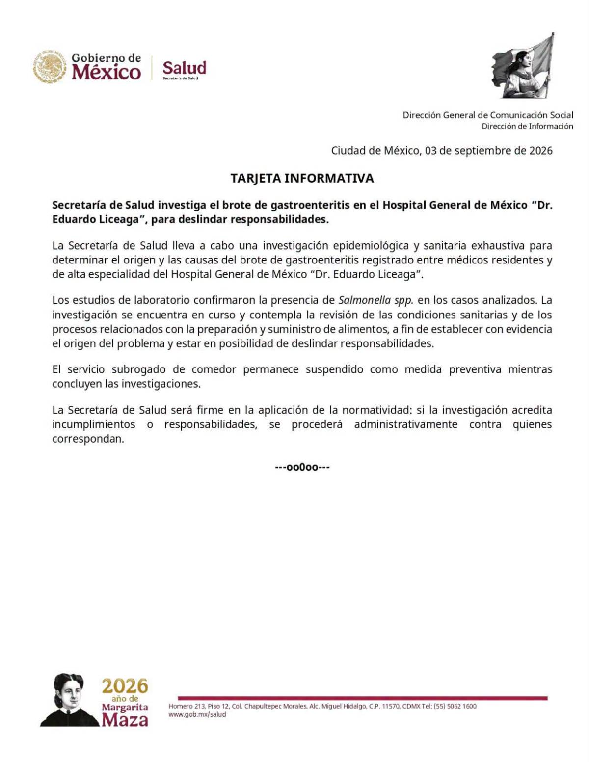 $!Secretaría de Salud investiga brote de Salmonella en Hospital General de México