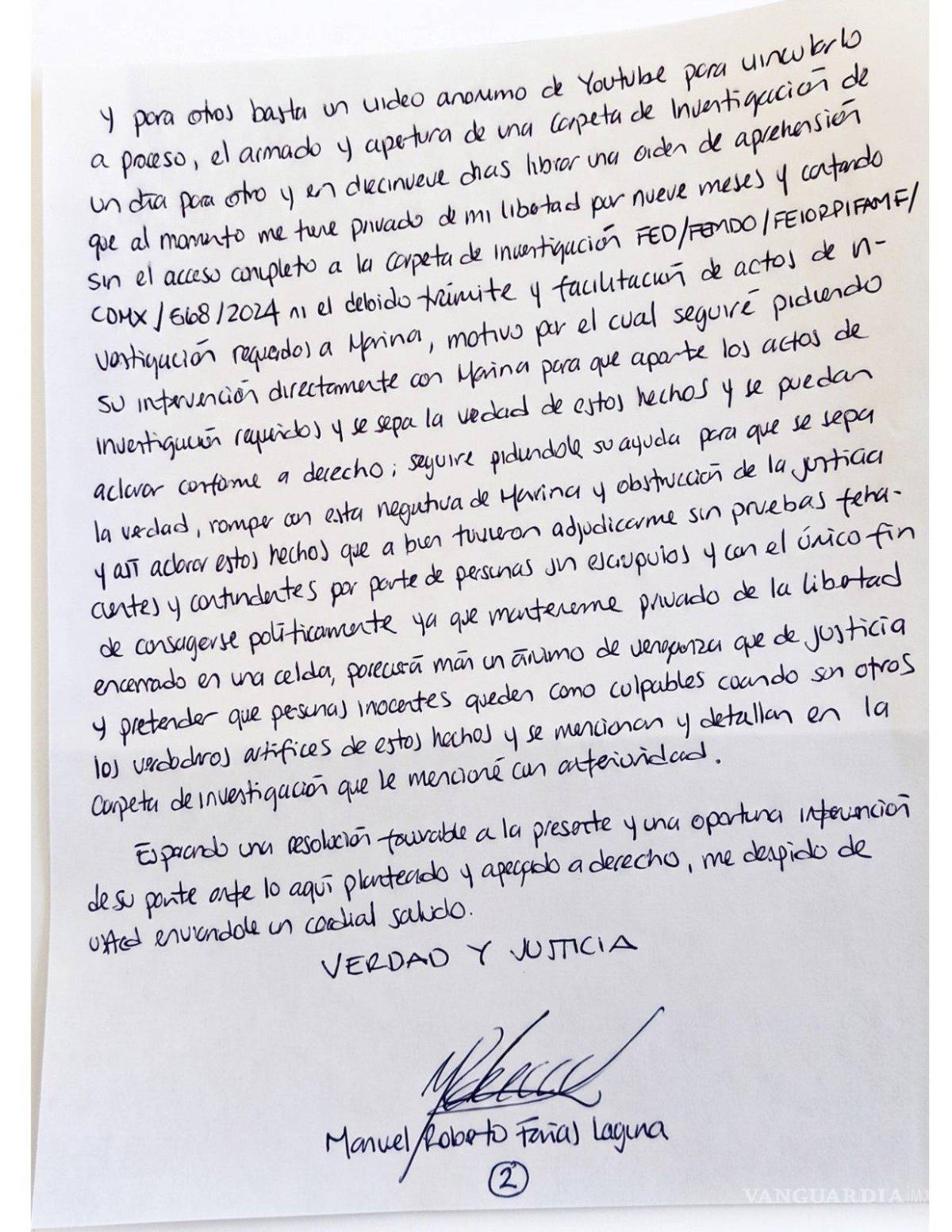 $!Desde El Altiplano, Manuel Farías envía sexta carta a Sheinbaum y acusa a Semar de obstruir su defensa