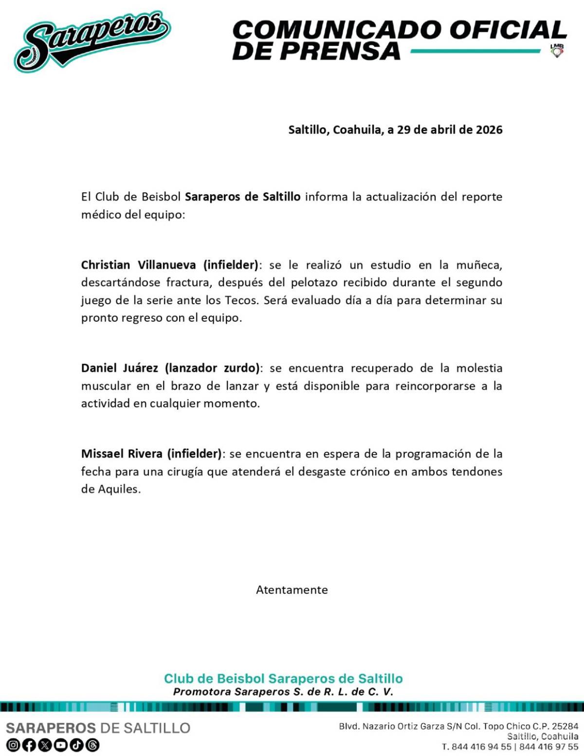 $!Las lesiones obligan a Saraperos a ajustar su roster en un momento clave de la campaña.