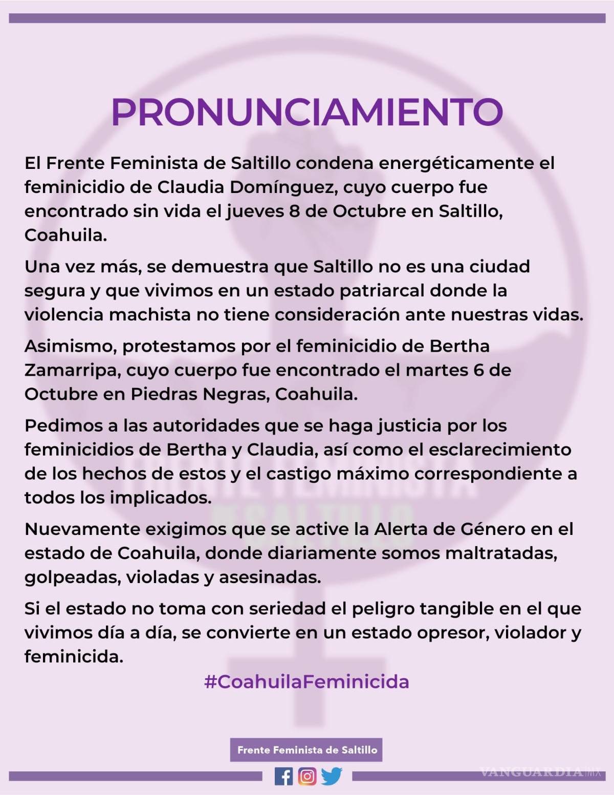 $!Mujeres se manifiestan por Claudia y las 22 muertas más de Coahuila