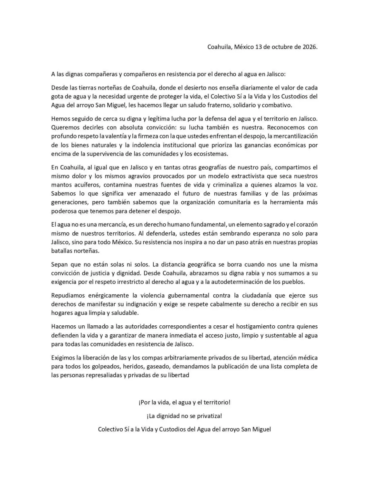 $!Colectivos de Coahuila enviaron una carta de respaldo a los manifestantes por el agua en Jalisco, tras la represión del 11 de octubre.