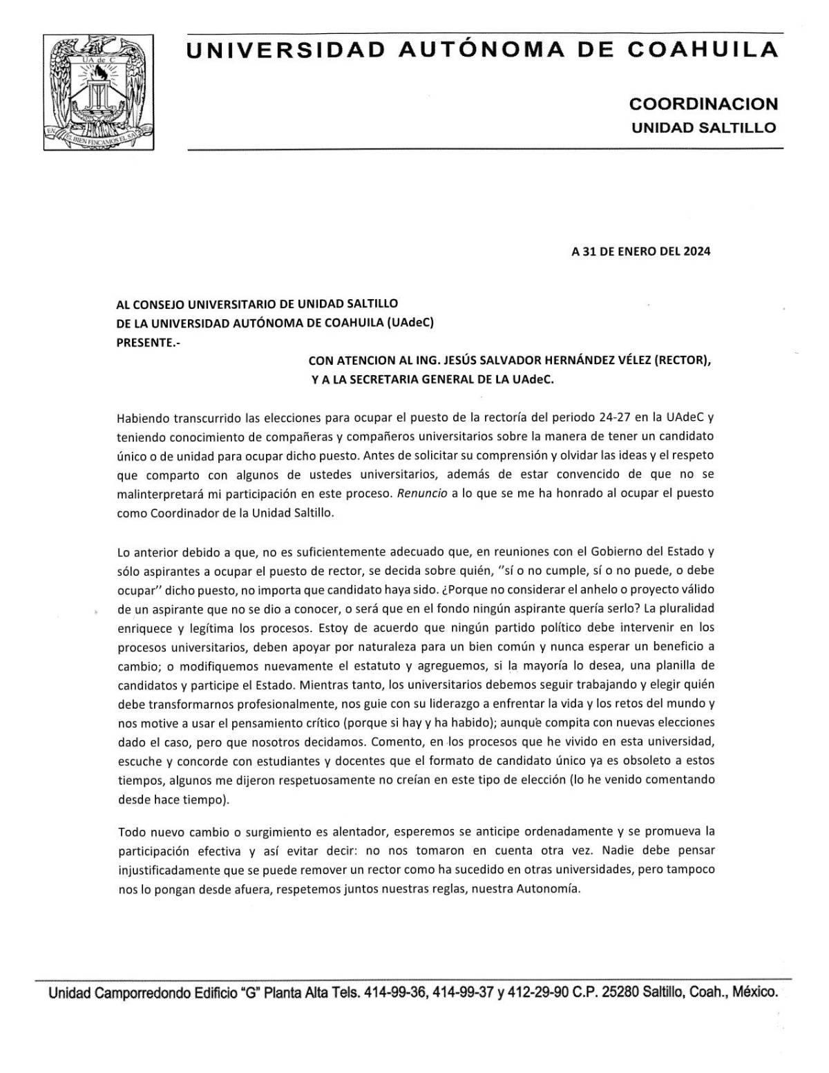 $!Esta es la carta de renuncia del coordinador de la Unidad de Saltillo.