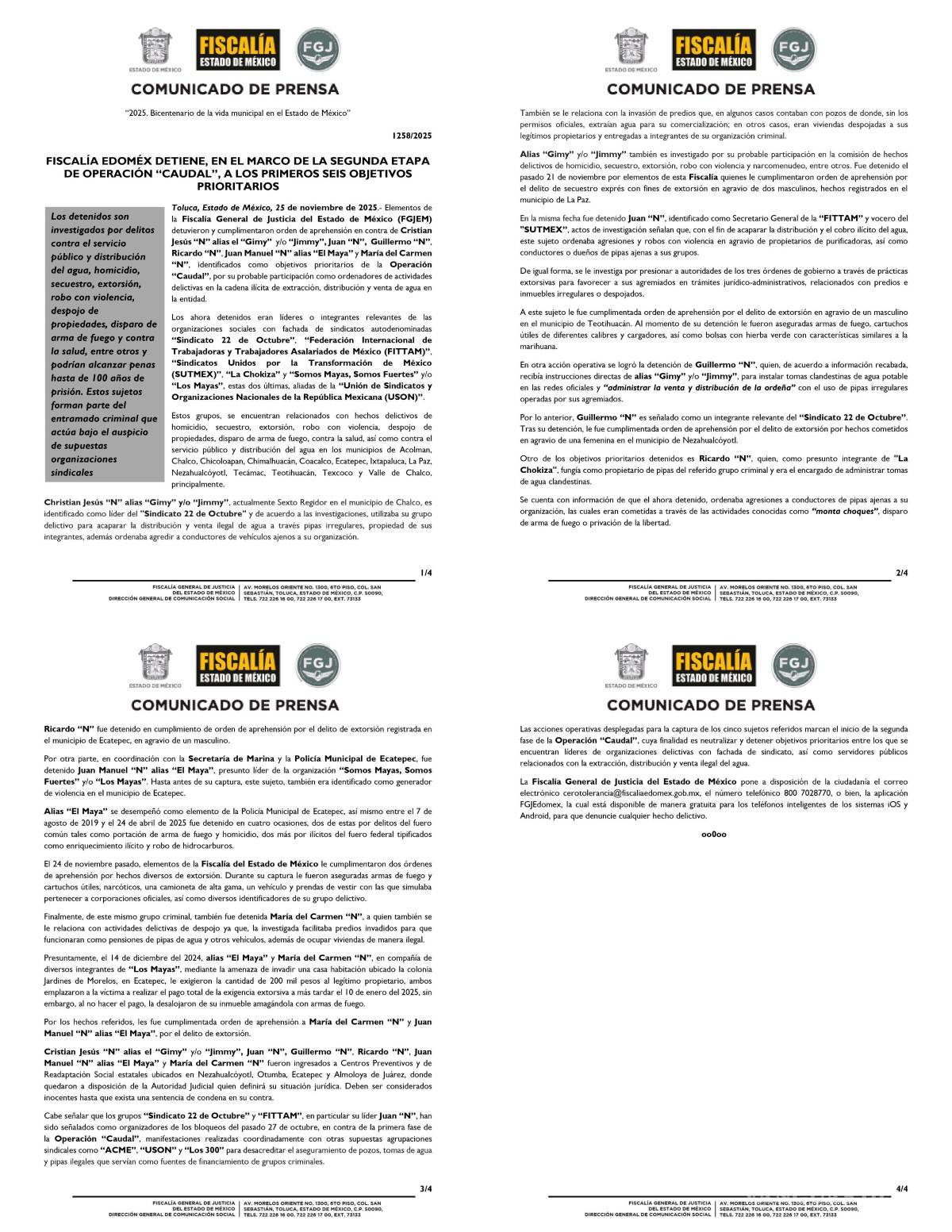 $!La Fiscalía mexiquense presentó a seis presuntos líderes sindicales detenidos por delitos relacionados con la extracción y venta ilegal de agua durante la Operación “Caudal”.