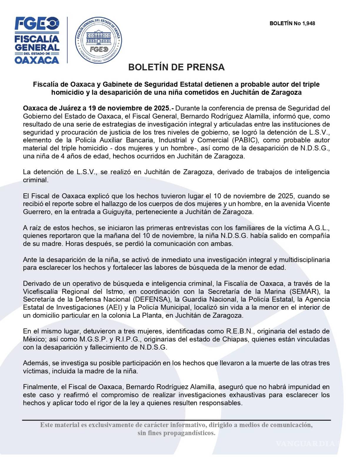$!Fiscalía de Oaxaca confirma la detención de presuntos implicados en desaparición y triple homicidio, incluido el de una menor de edad.