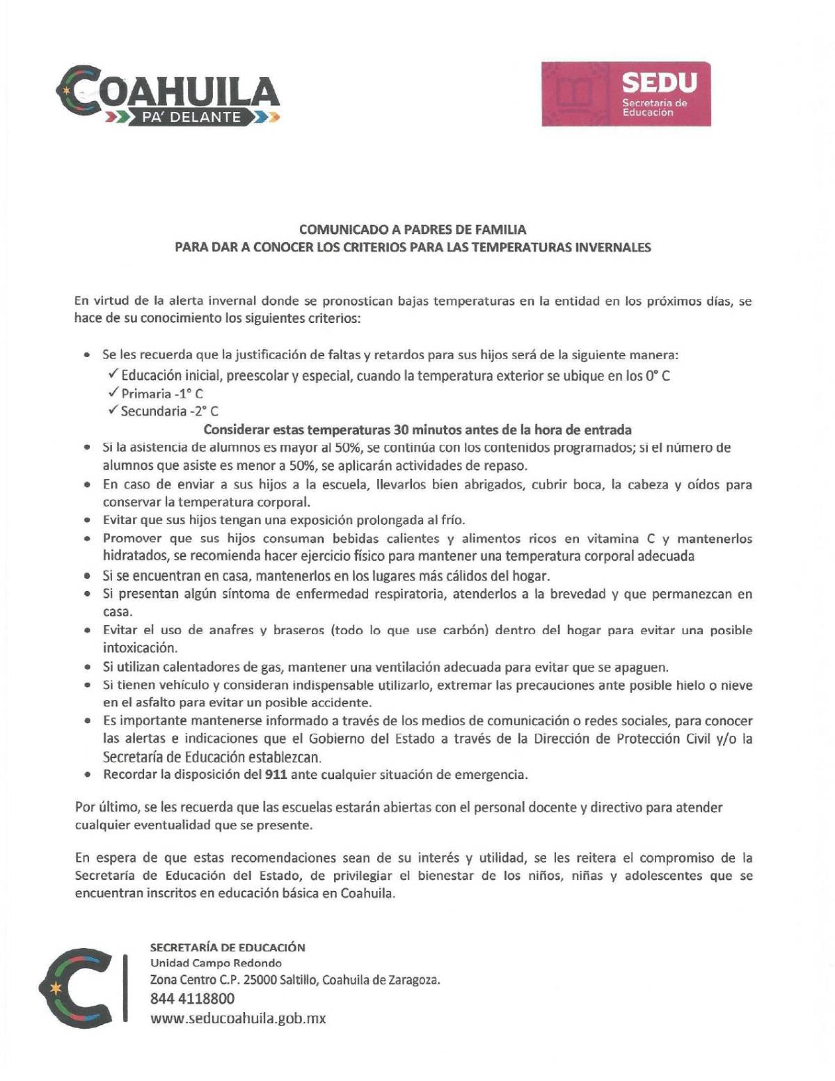 $!¿Habrá clases en Coahuila ante la onda fría que viene? La Secretaría de Educación da a conocer criterios