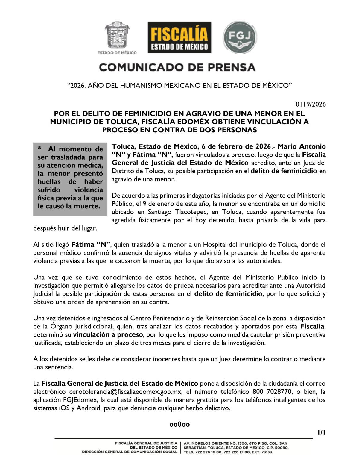 $!Vinculan a proceso a Mario Antonio ‘N’ y Fátima ‘N’ por feminicidio de una menor en Toluca