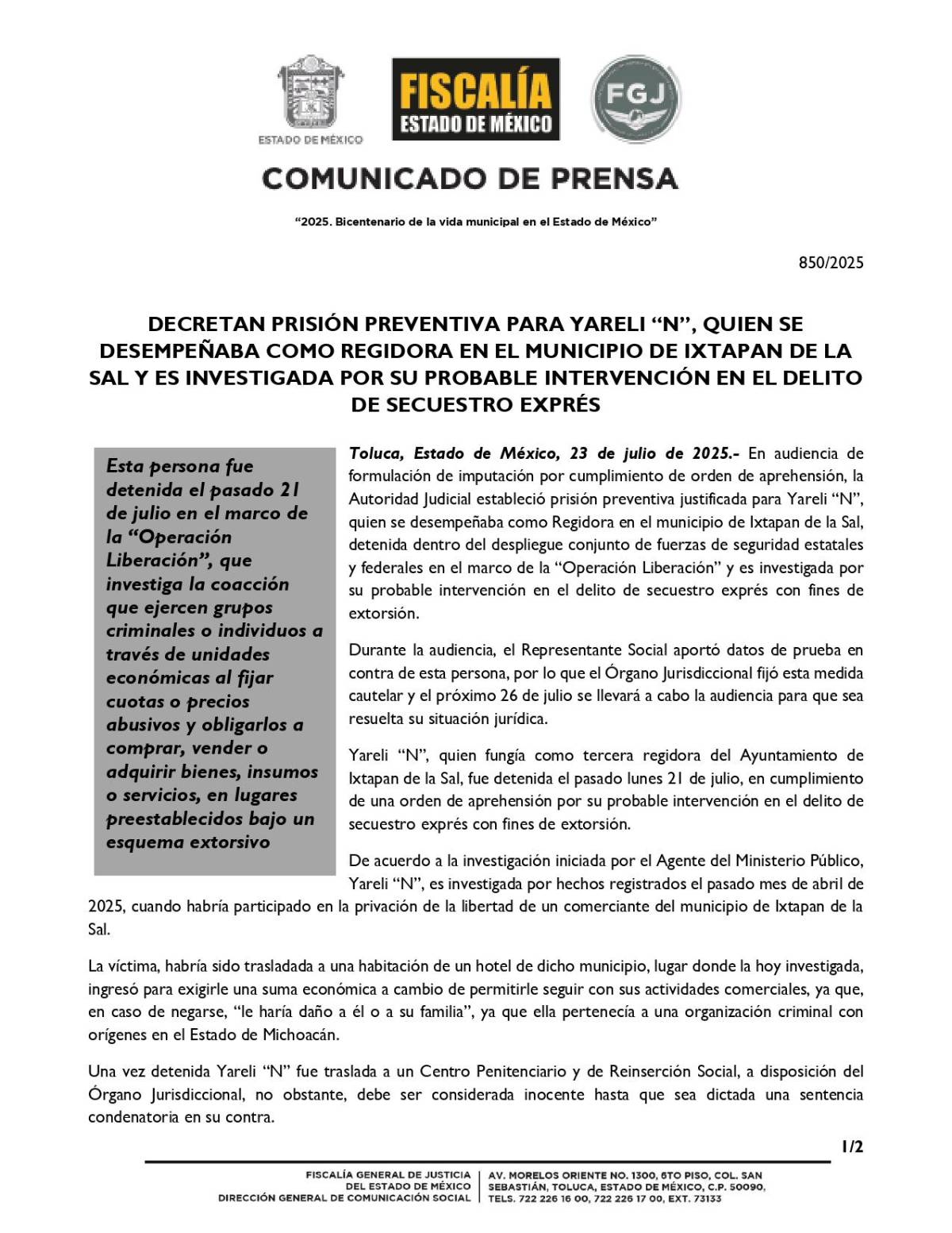 $!Operación Liberación: detienen a regidora de Ixtapan de la Sal por secuestro exprés con fines de extorsión