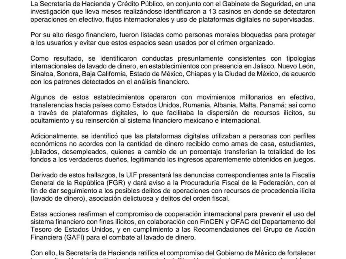 $!La SHCP, en coordinación con la UIF y el Gabinete de Seguridad, dio inicio a denuncias ante la FGR tras detectar patrones internacionales de operaciones sospechosas, reforzando la cooperación internacional con autoridades financieras de Estados Unidos para combatir el lavado de dinero.