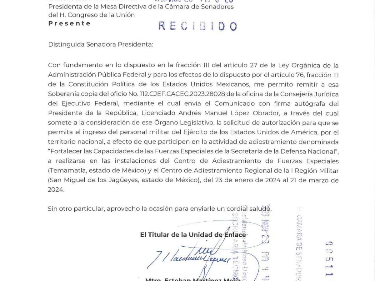 $!Solicitud enviada al Senado de la República por el Presidente Andrés Manuel López Obrador busca que aprueben la solicitud de permiso para que 11 militares originarios de Estados Unidos ingresen a México portando armas.