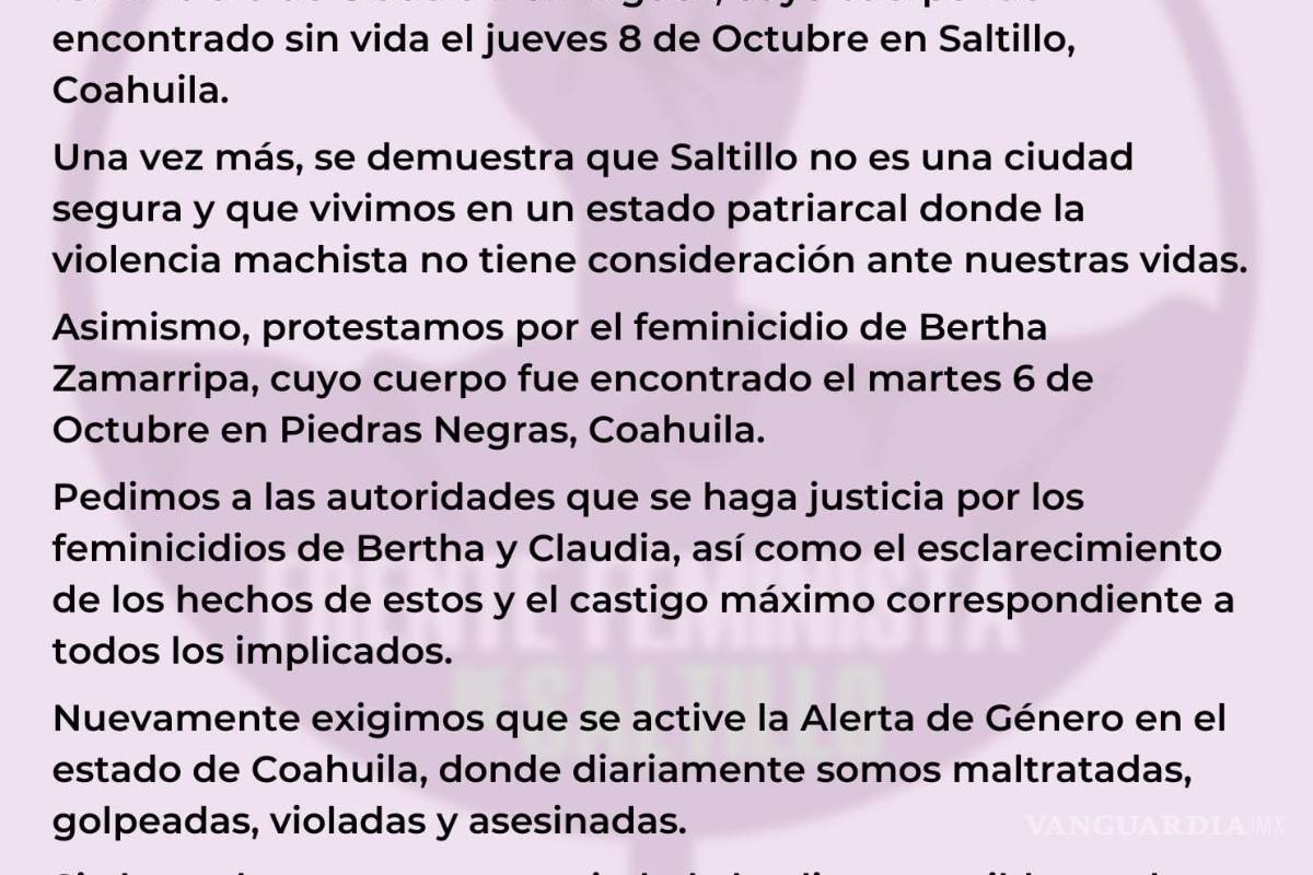 $!Mujeres se manifiestan por Claudia y las 22 muertas más de Coahuila