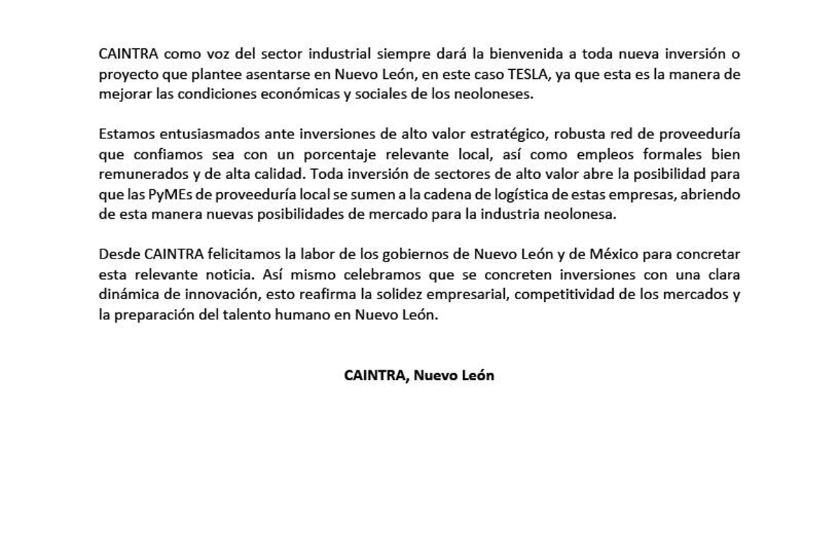 $!Caintra emitió un comunicado con su postura oficial sobre la llegada de Tesla a Nuevo León que se confirmó este martes