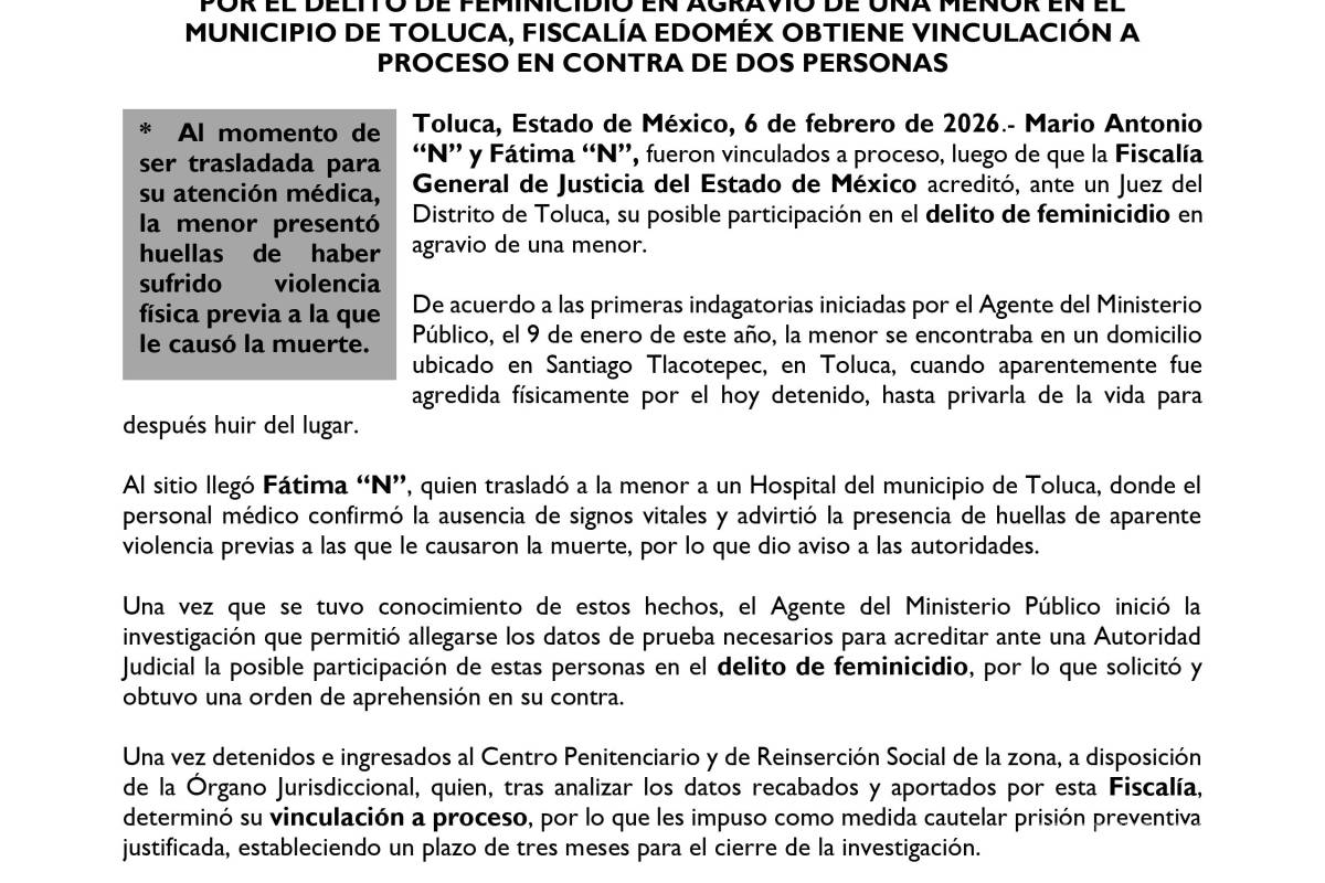 $!Vinculan a proceso a Mario Antonio ‘N’ y Fátima ‘N’ por feminicidio de una menor en Toluca