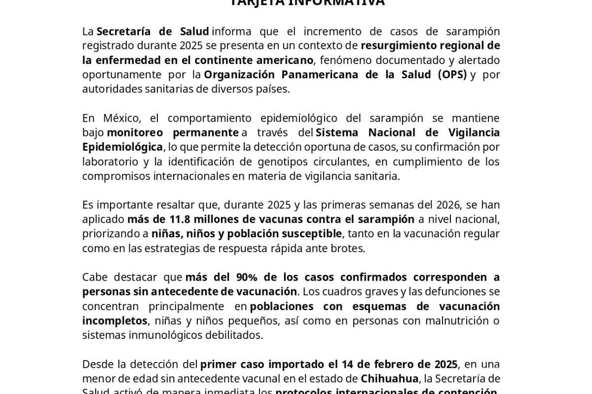 $!Secretaría de Salud: Casos de sarampión se mantienen bajo vigilancia epidemiológica en México