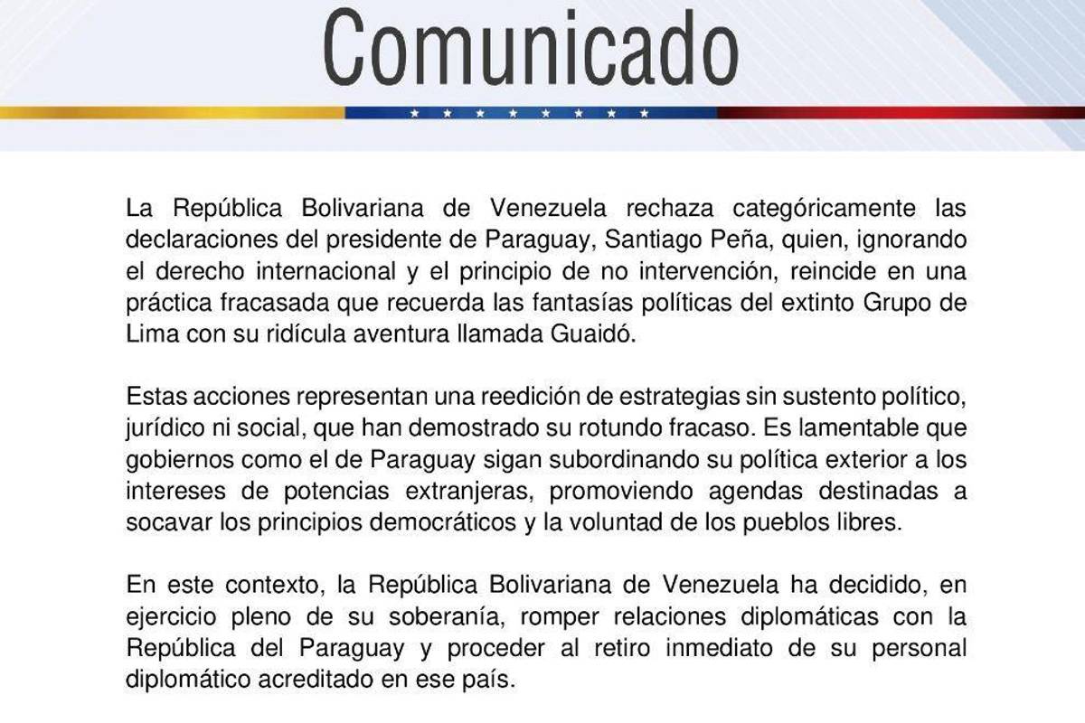 $!Venezuela rompe relaciones diplomáticas con Paraguay tras declaraciones de apoyo a la oposición