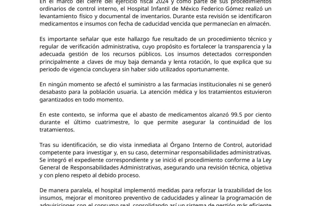 $!Secretaría de Salud detecta medicamentos caducados en Hospital Infantil de la CDMX
