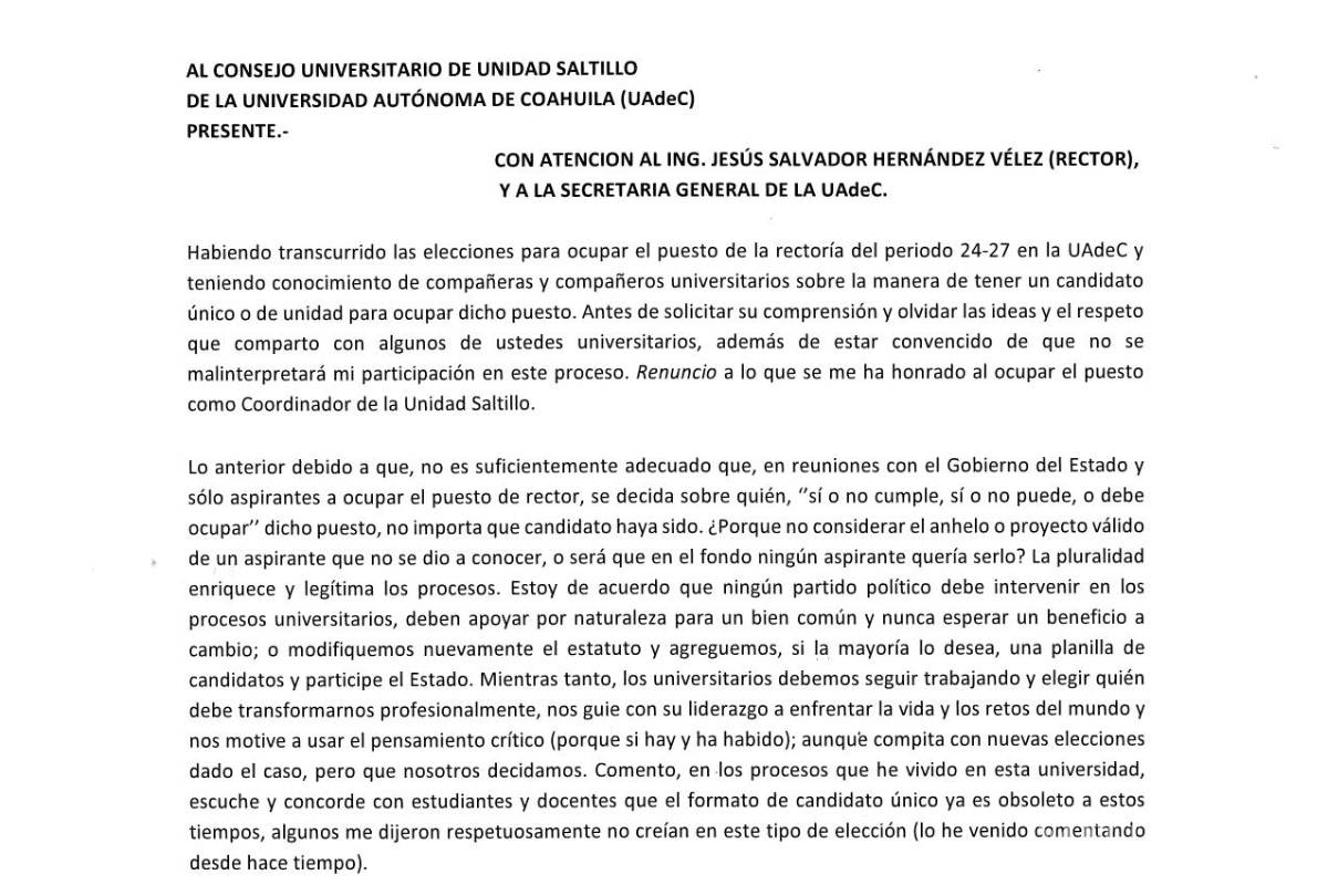 $!Esta es la carta de renuncia del coordinador de la Unidad de Saltillo.