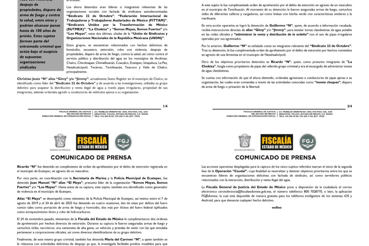 $!La Fiscalía mexiquense presentó a seis presuntos líderes sindicales detenidos por delitos relacionados con la extracción y venta ilegal de agua durante la Operación “Caudal”.