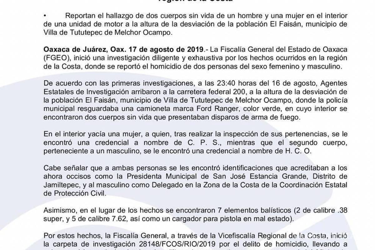 $!Encuentran cuerpos sin vida de alcaldesa y delegado en Oaxaca