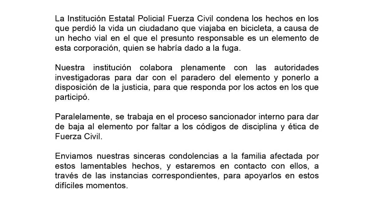 Elemento de Fuerza Civil mata a ciclista y huye del lugar, en NL