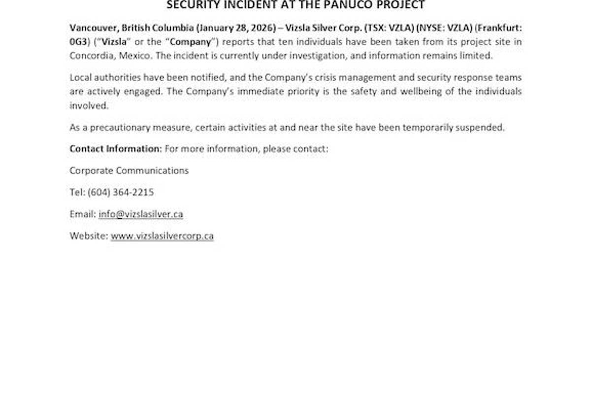$!Vizsla Silver suspende operaciones en proyecto Pánuco tras secuestro de 10 trabajadores en Concordia, Sinaloa