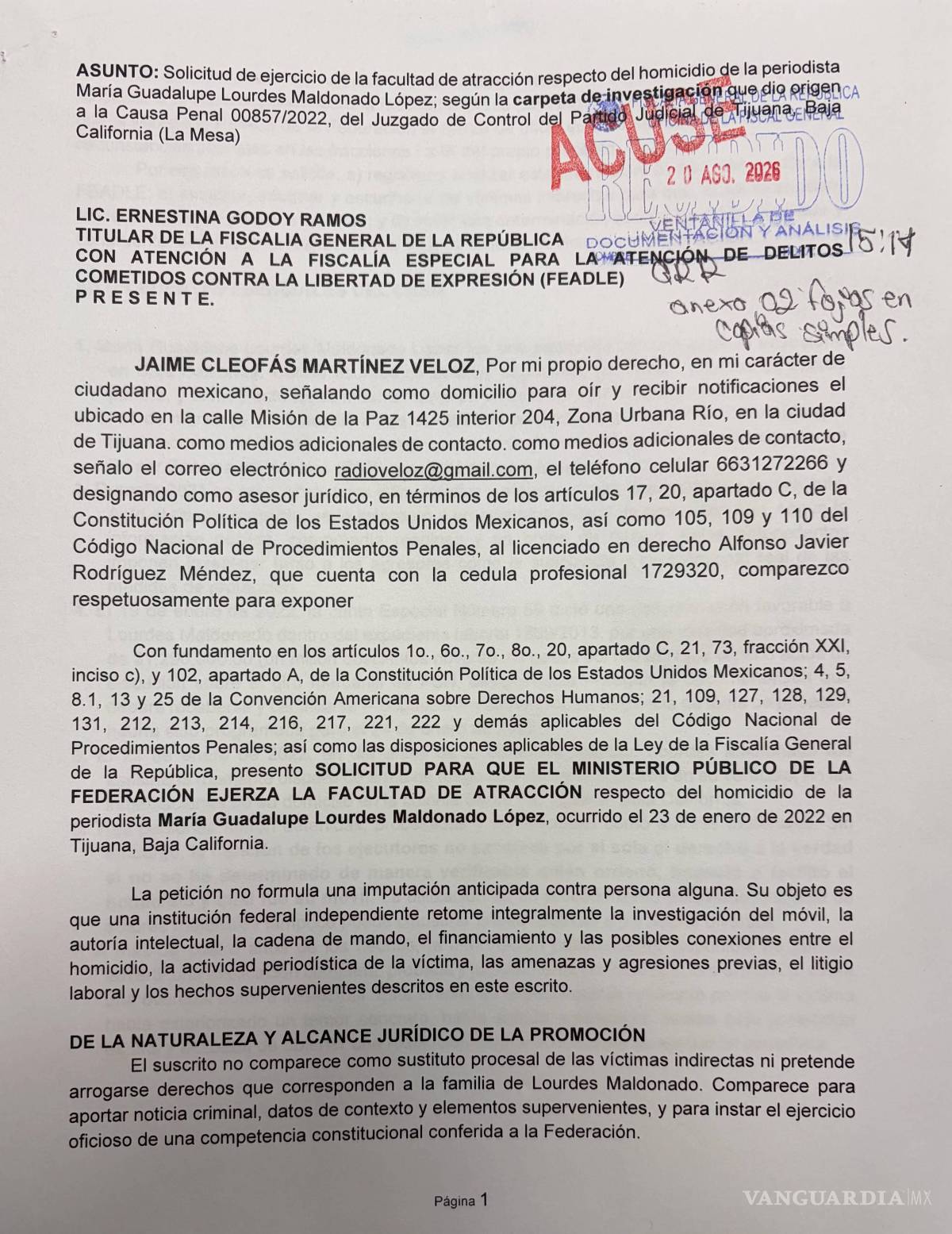 $!Solicitan a FGR atraer investigación por homicidio de la periodista Lourdes Maldonado