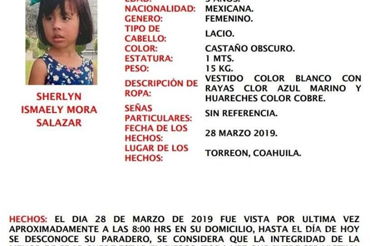 Continúa búsqueda de Sherlyn, niña de 3 años sustraída en Torreón