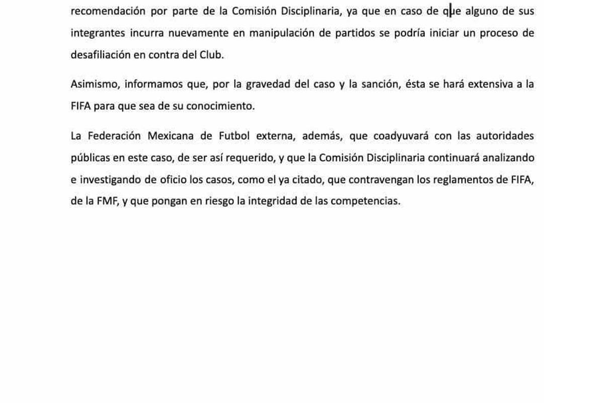 $!Este es el comunicado que emitió la Federación en torno al castigo.