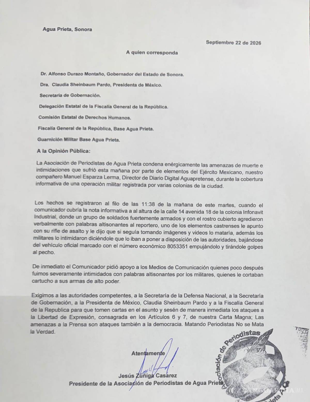 $!Denuncia por amenazas de muertes por parte del gremio periodístico en Aguaprieta, Sonora.