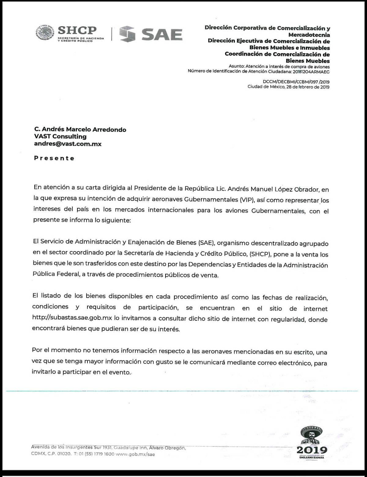 $!Recepción de la oferta por la SHCP 1.