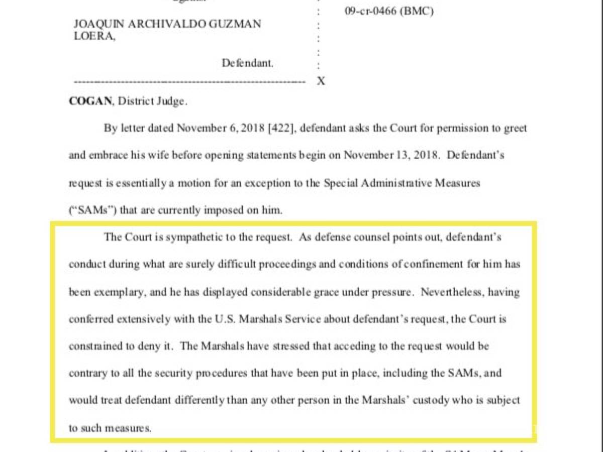 $!Juez niega a "El Chapo" petición de abrazar a su esposa