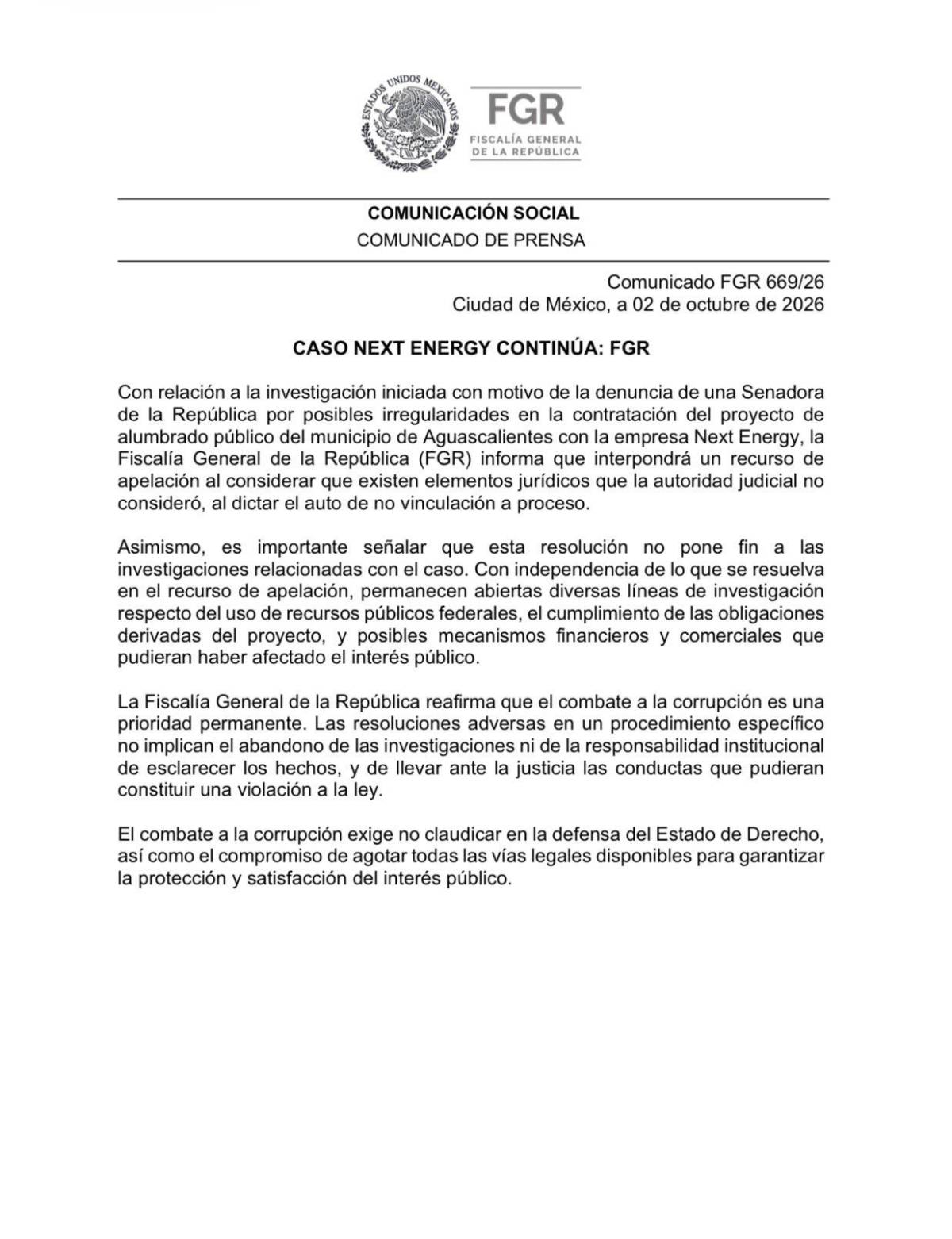 $!FGR apelará no vinculación de exfuncionarios por caso Next Energy en Aguascalientes