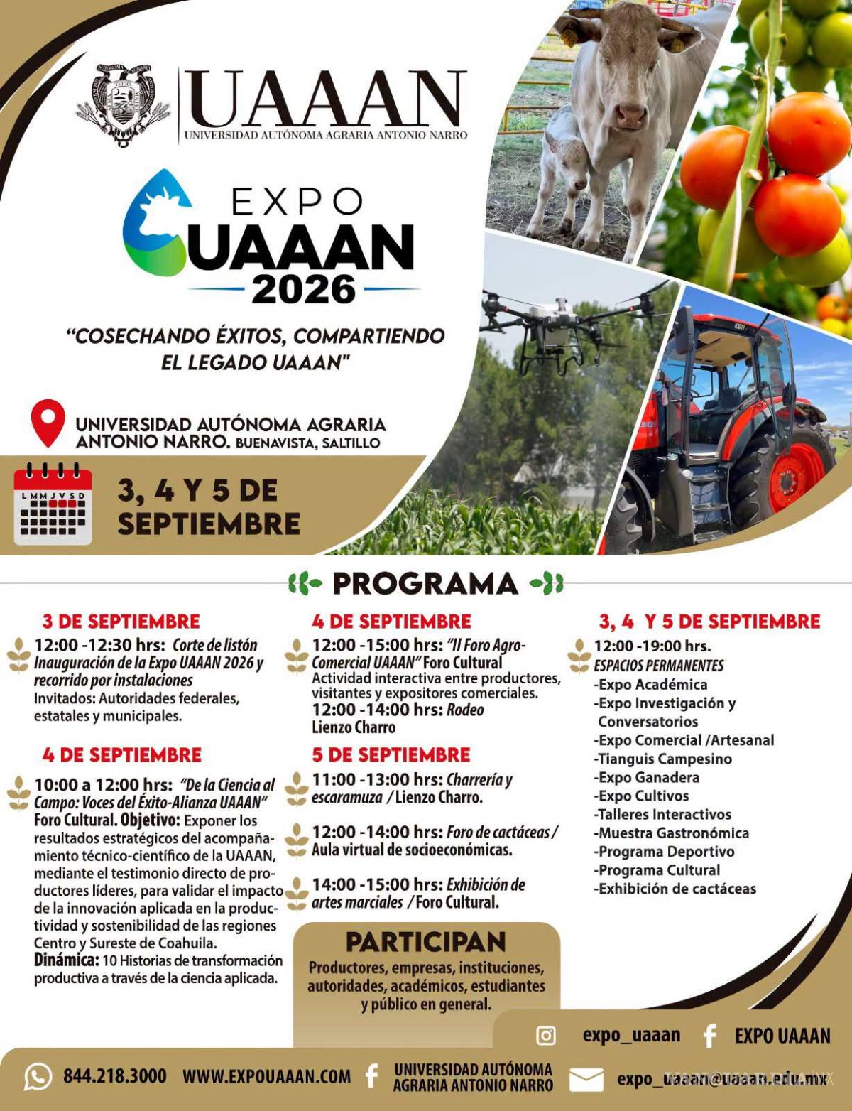 $!La Expo UAAAN 2026 se realizará del 3 al 5 de septiembre en el campus Buenavista, en Saltillo, con actividades académicas, científicas, culturales, deportivas y agropecuarias.