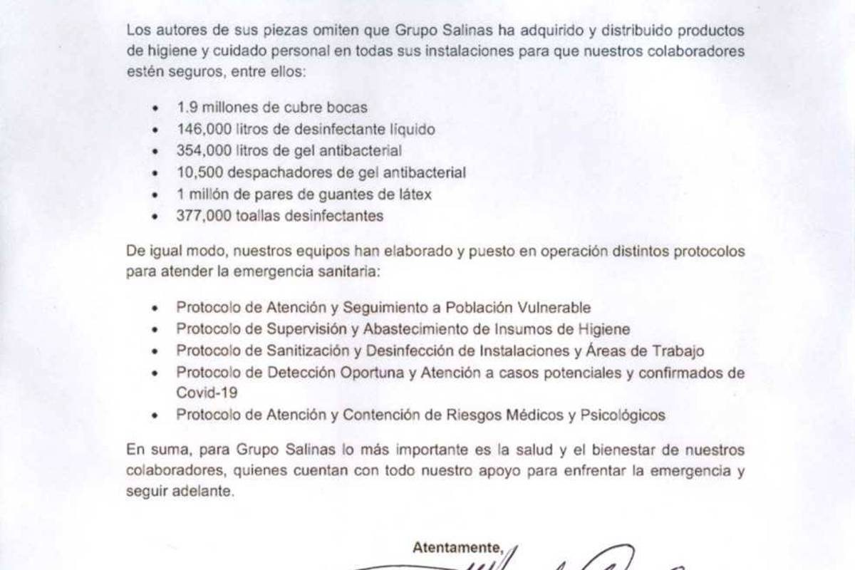 $!Grupo Salinas aclara que aplica “aislamiento selectivo”, y compró gel y cubrebocas para empleados