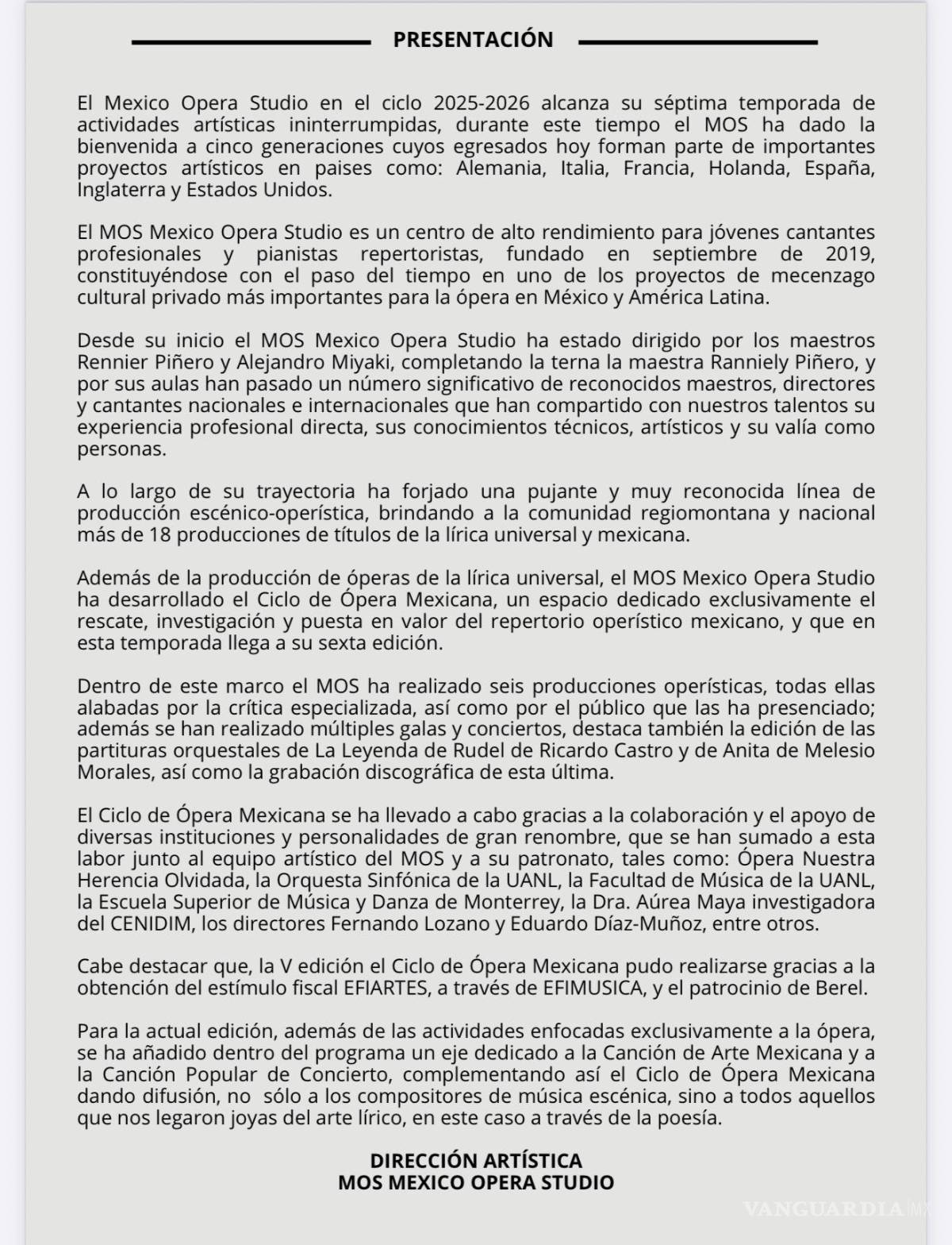 $!Comunicado de prensa de Opera Studio.