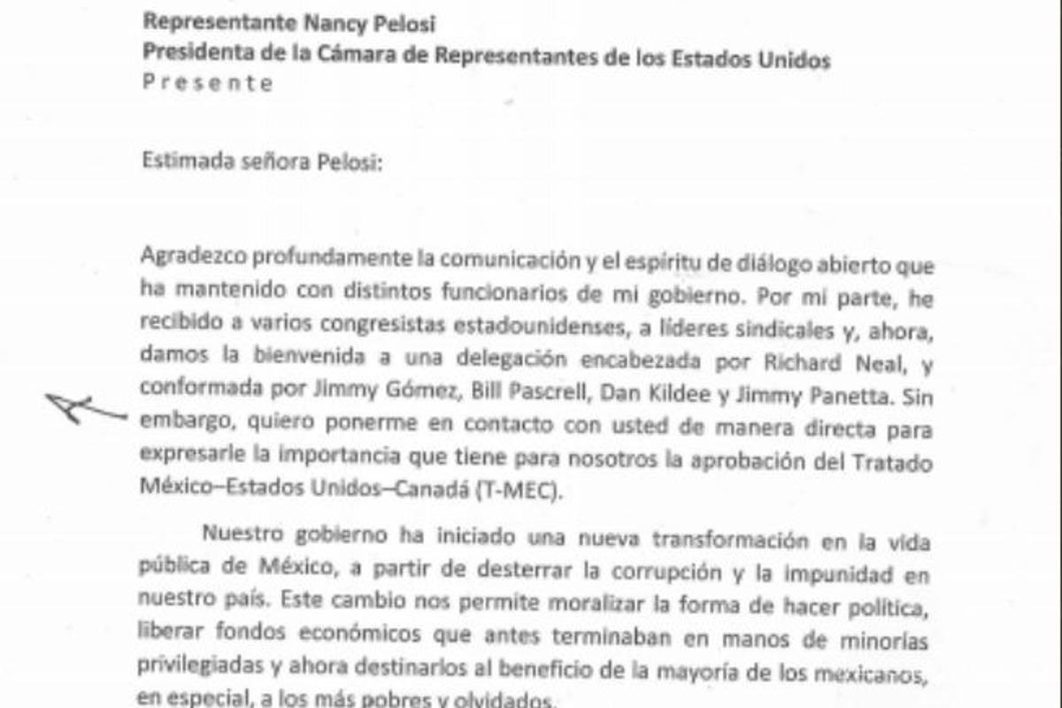 $!Con esta carta AMLO pidió a Nancy Pelosi no demorar aval del T-MEC por elecciones en EU
