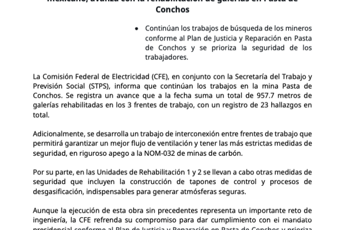 $!Representantes de la CFE y la STPS informan sobre el avance de los trabajos de rehabilitación y rescate en la mina Pasta de Conchos, destacando las medidas de seguridad implementadas.
