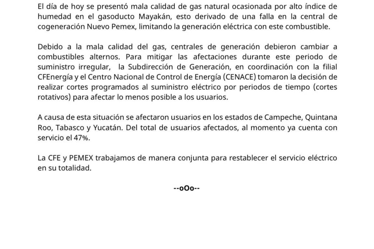 $!CFE revela la razón tras el apagón masivo que afectó a Quintana Roo, Yucatán, Campeche y Tabasco