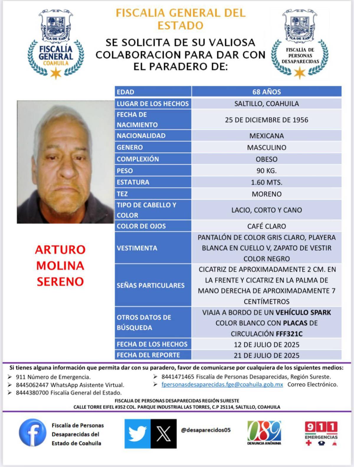$!Arturo Molina, de 68 años, había sido reportado como desaparecido desde el 12 de julio.