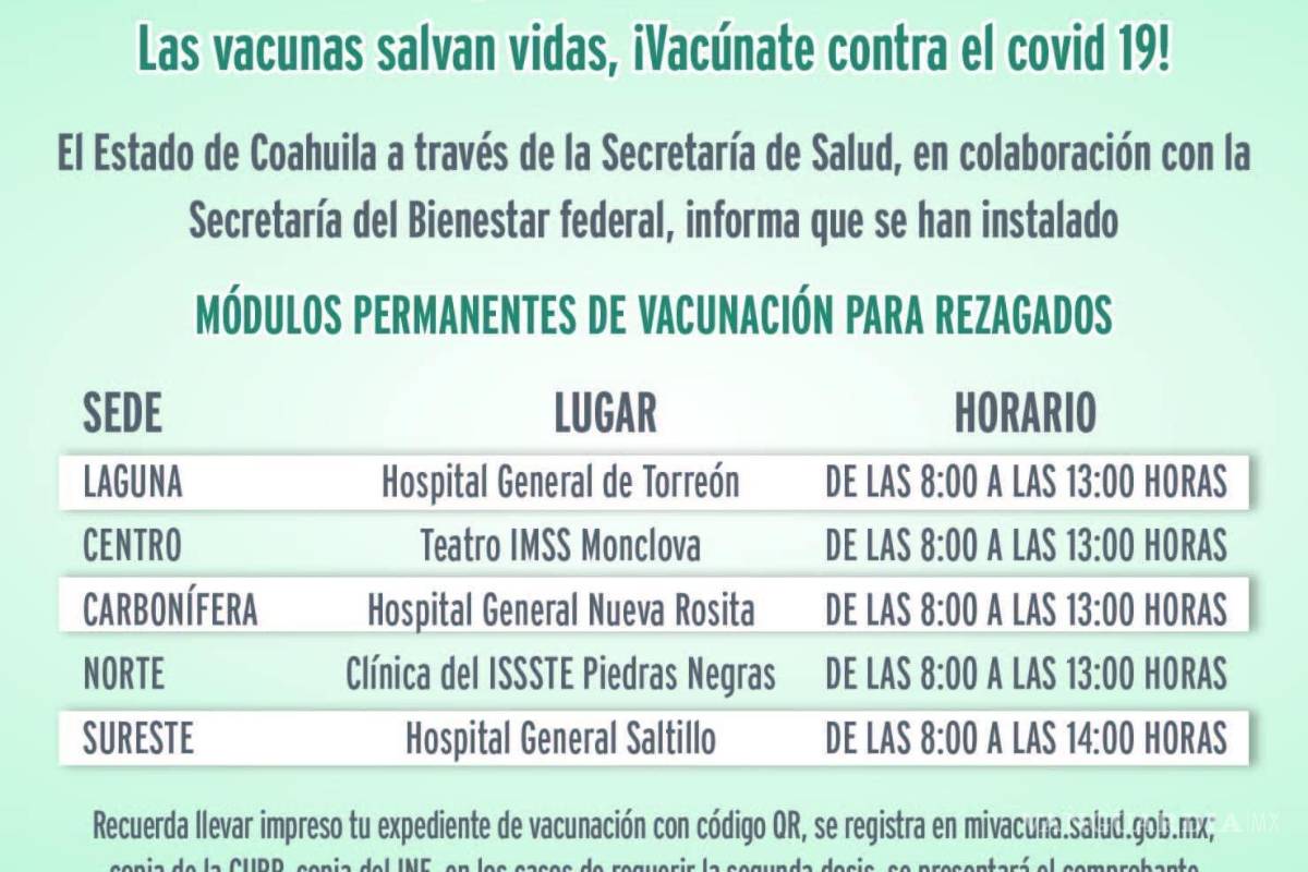 Coahuila: Instalan módulos de vacunación permanentes contra el Covid-19 para rezagados