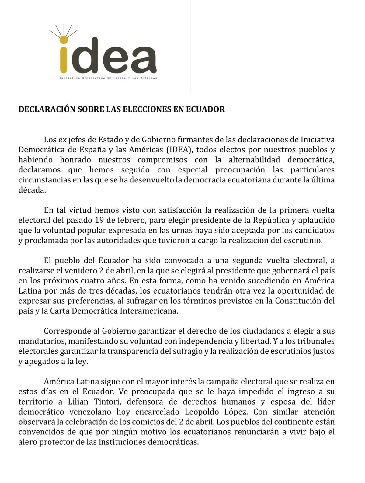 $!Ex mandatarios se muestran preocupados por prohibición a entrada de Tintori en Ecuador