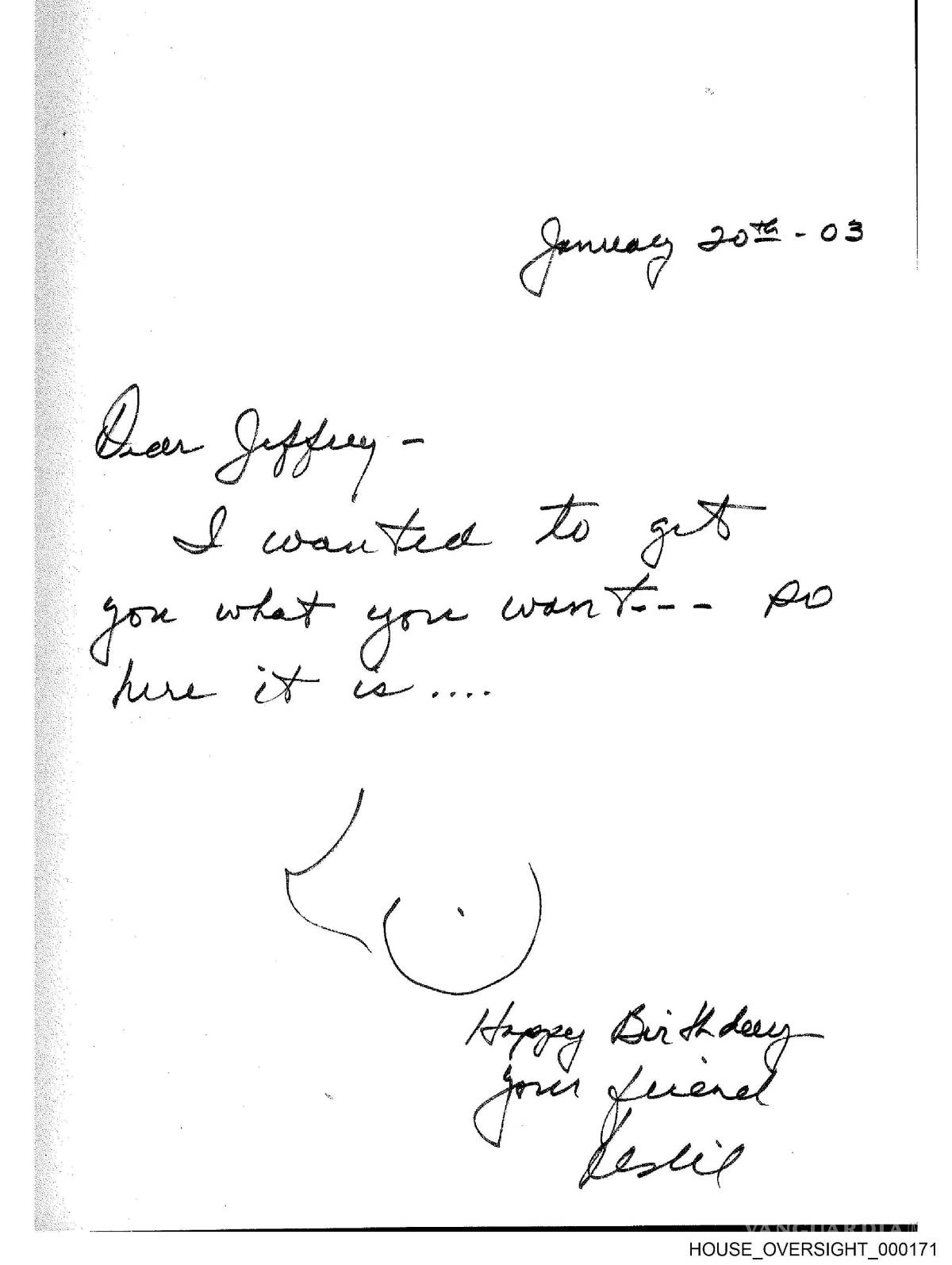 $!Una de las páginas de las 238 del álbum que la expareja de Jeffrey Epstein, Ghislaine Maxwell, le preparó por su 50 cumpleaños que muestra una dedicatoria.