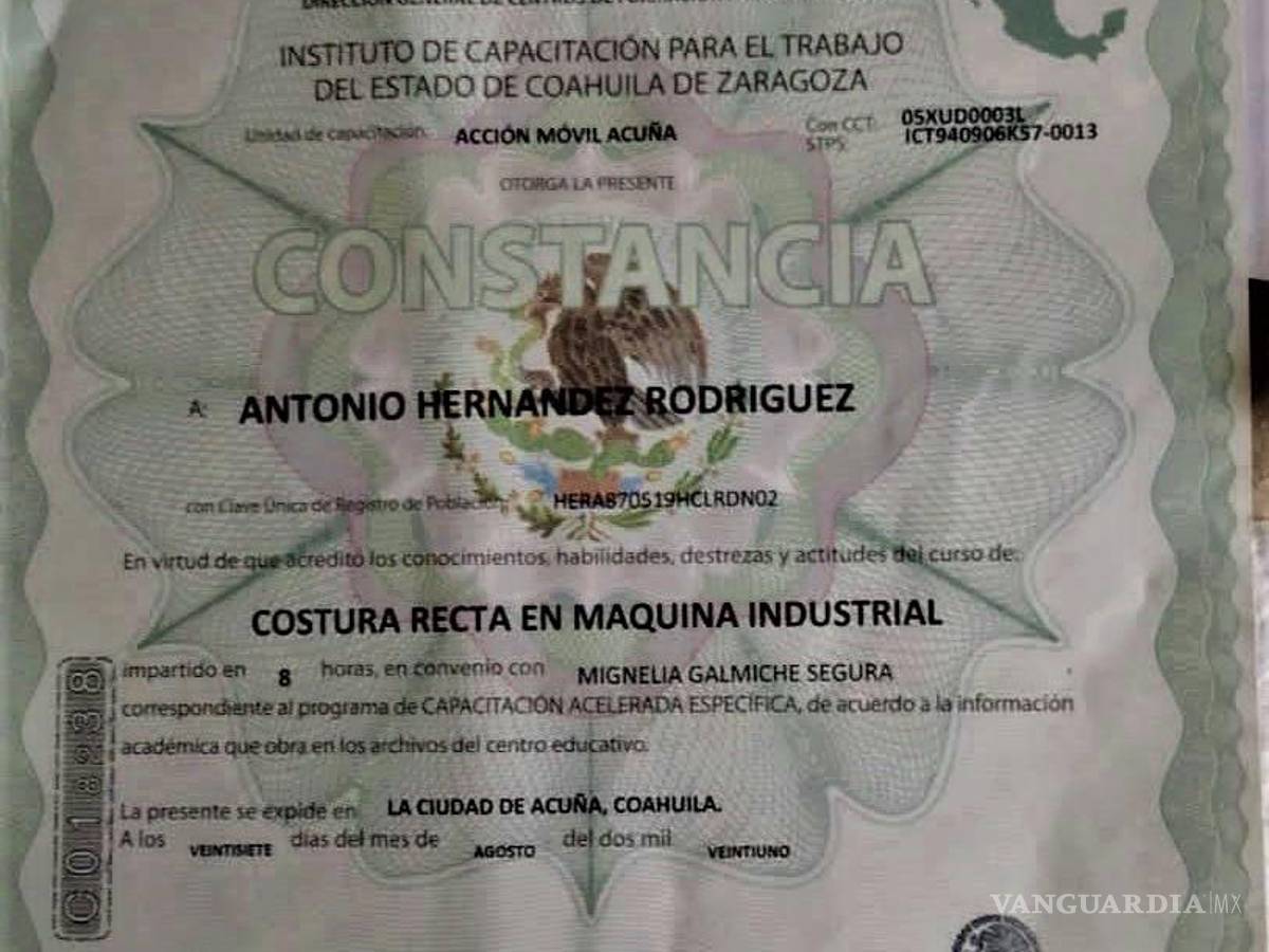 $!Certificado de capacitación del ICATEC Acuna a nombre de Antonio Hernández Rodríguez, contratado por Home Fashions International. Foto: Antonio Hernández Rodríguez