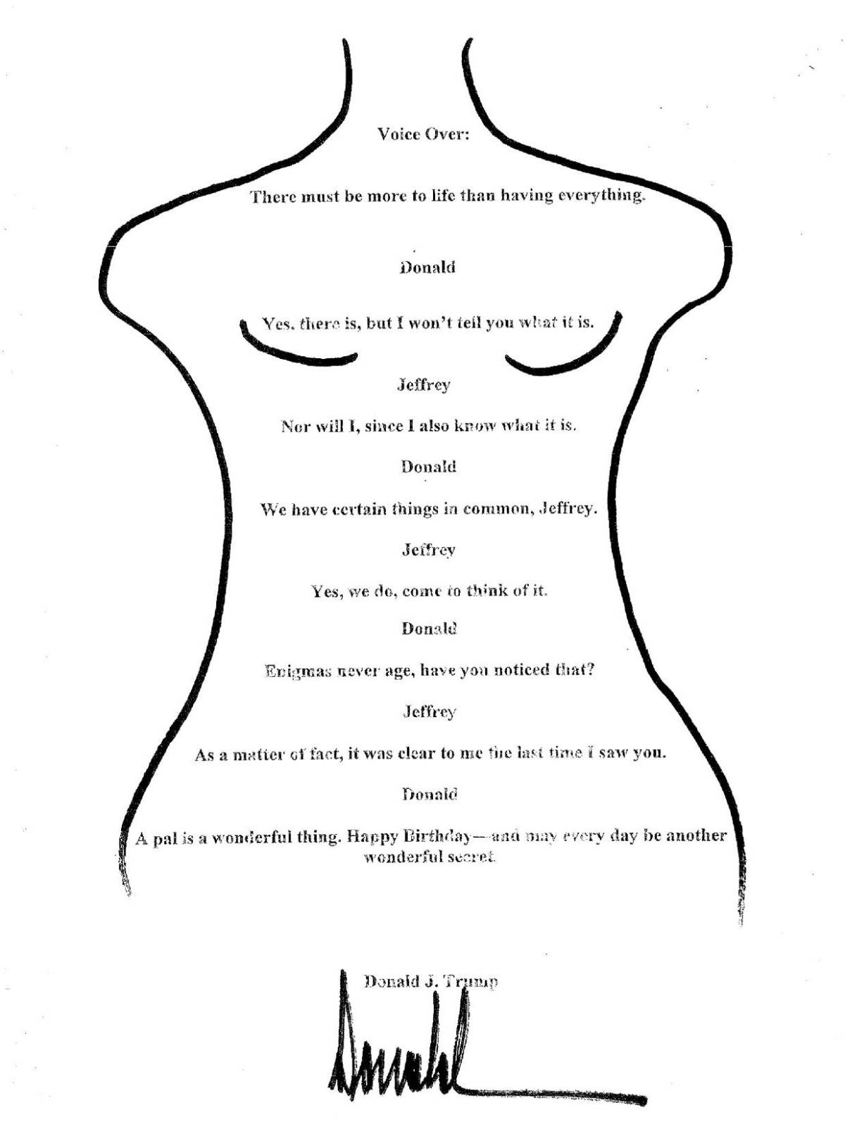 $!Dibujo supuestamente hecho por Donald Trump, el cual le regaló a Jeffrey Epstein por su 50 cumpleaños.