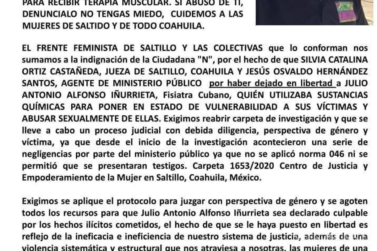 Colectivo Feminista de Saltillo expone omisiones tras denuncia de estudiante por violación