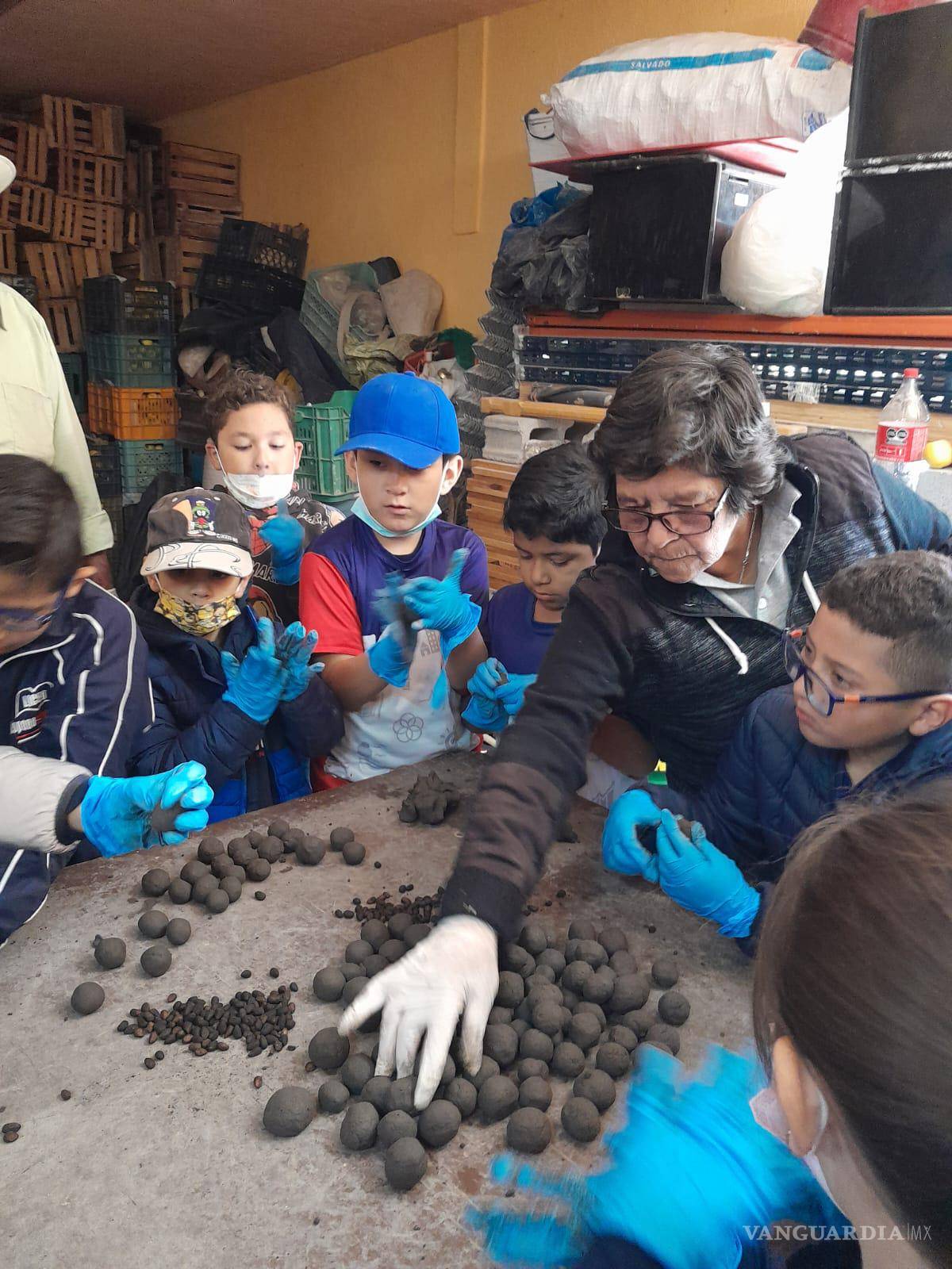 $!Un grupo de niños de la escuela primaria Justo Sierra de Saltillo participó en la elaboración de los pellets dispersados con dron.